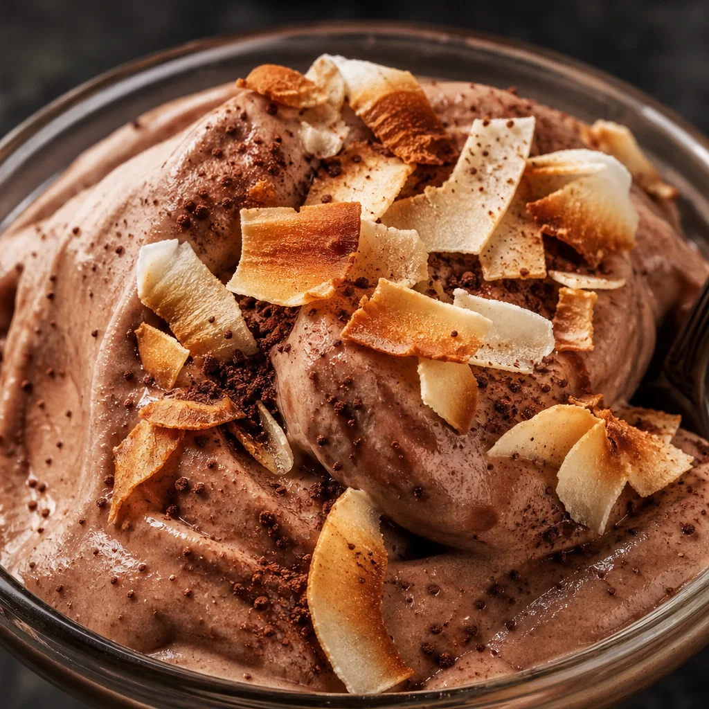 Chocolate coconut banana nice cream topped with coconut flakes