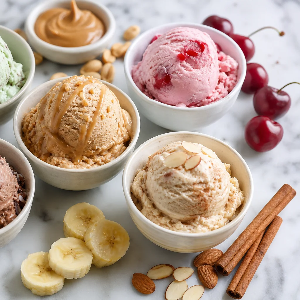 Five bowls of different banana ice cream flavors on a marble counter