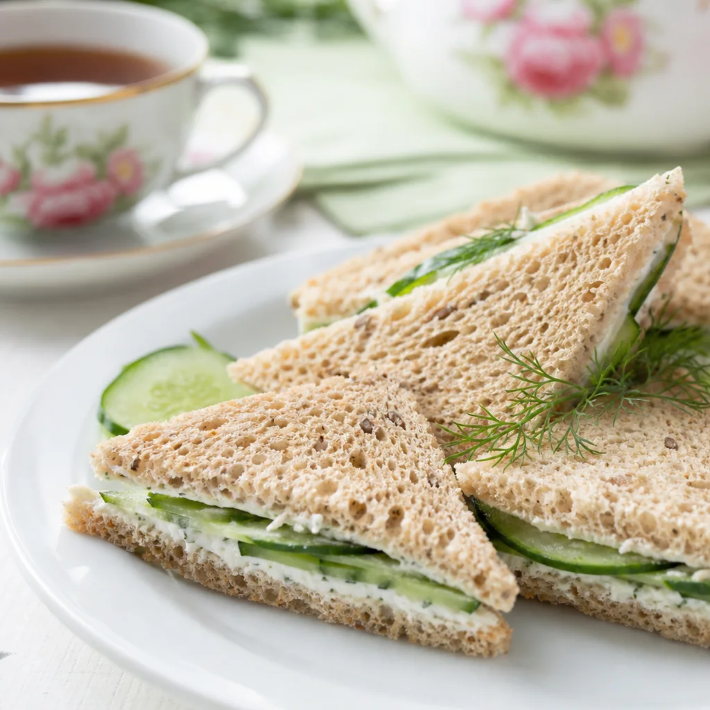 Healthy cucumber sandwiches on whole grain bread cut into triangles with fresh dill