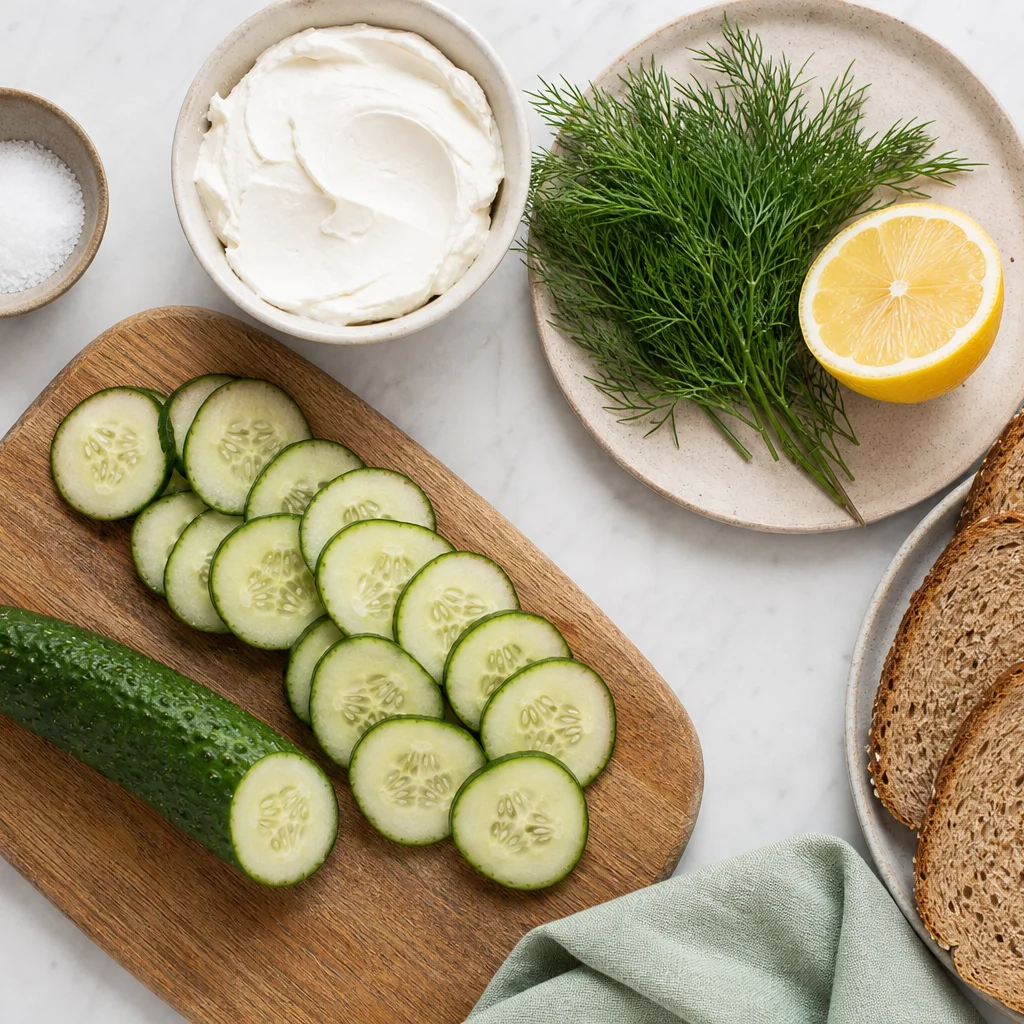 Healthy cucumber sandwich ingredients including cucumber, whole grain bread, cream cheese, and dill