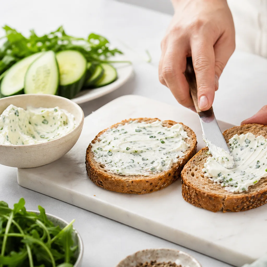 Herb cream cheese spread being applied to whole grain bread slices