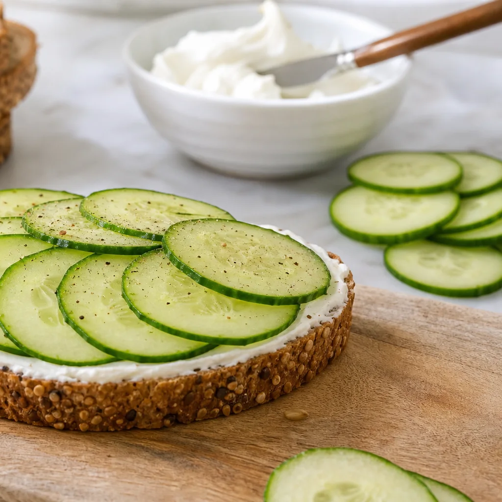Thin cucumber slices layered on cream cheese spread whole grain bread