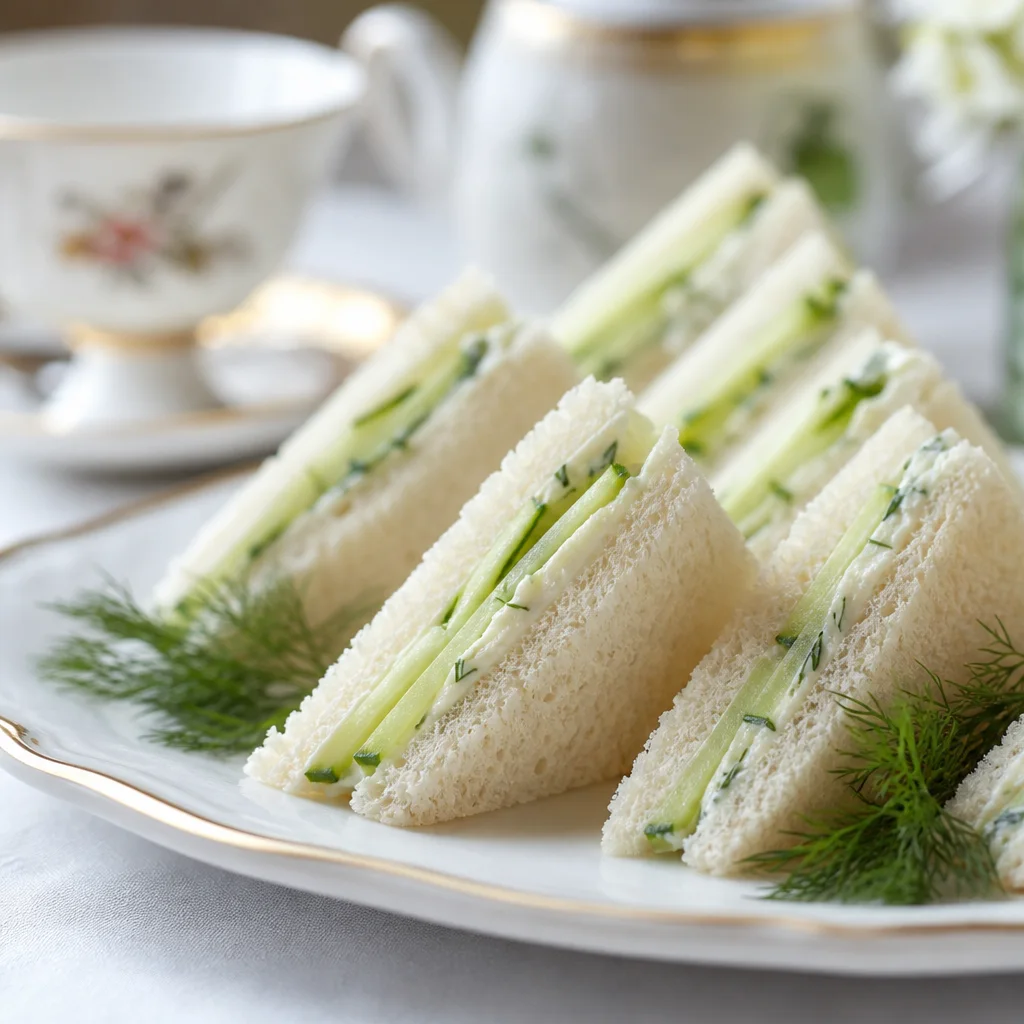 Healthy cucumber finger sandwiches on a serving platter with fresh dill