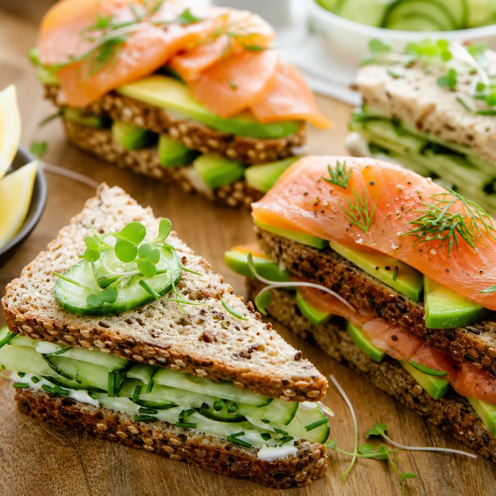 Cucumber sandwich variations with avocado and smoked salmon on whole grain bread