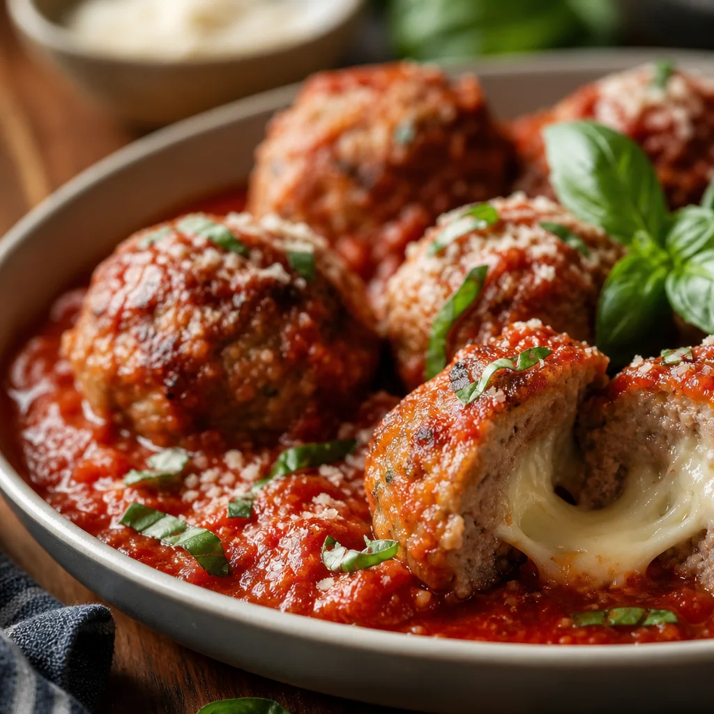 Baked mozzarella stuffed meatballs in marinara sauce with melted cheese center