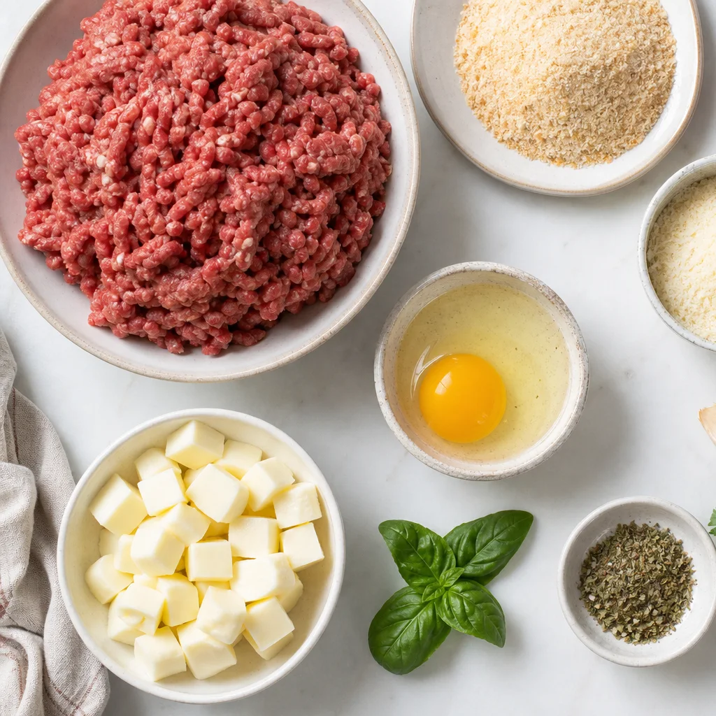 Ingredients for mozzarella stuffed meatballs including ground beef, mozzarella cubes, and marinara sauce
