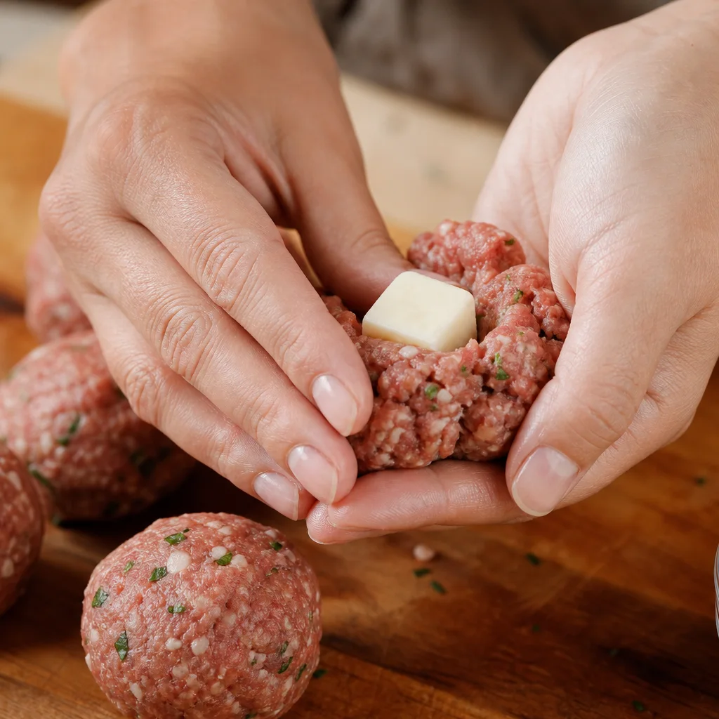 Stuffing a mozzarella cube into seasoned meatball mixture before rolling