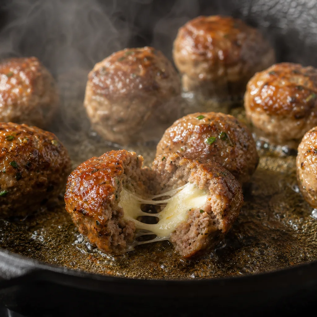 Mozzarella stuffed meatballs searing in a skillet until golden brown
