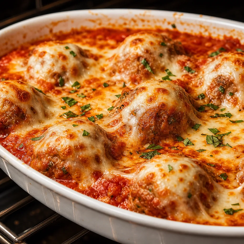 Mozzarella stuffed meatballs baking in marinara sauce in the oven