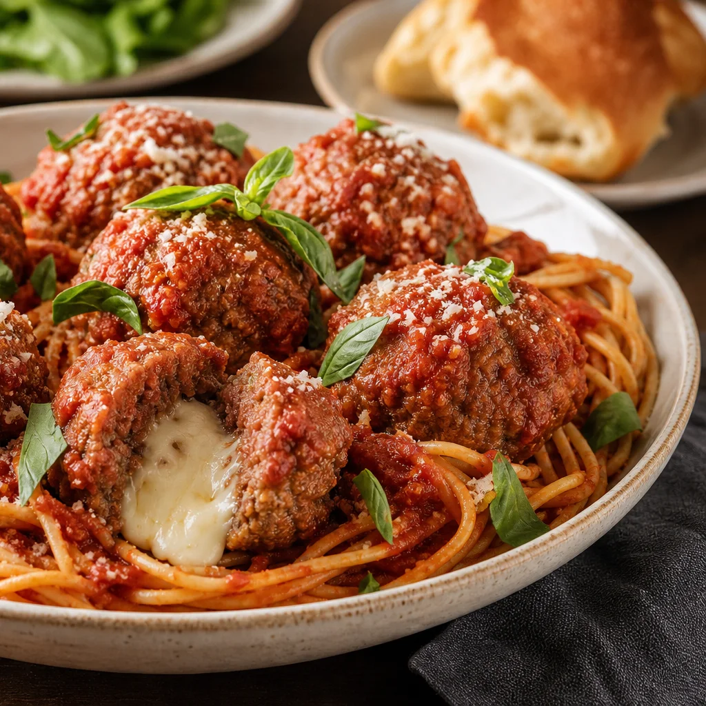 Mozzarella stuffed meatballs served over spaghetti with marinara and fresh basil
