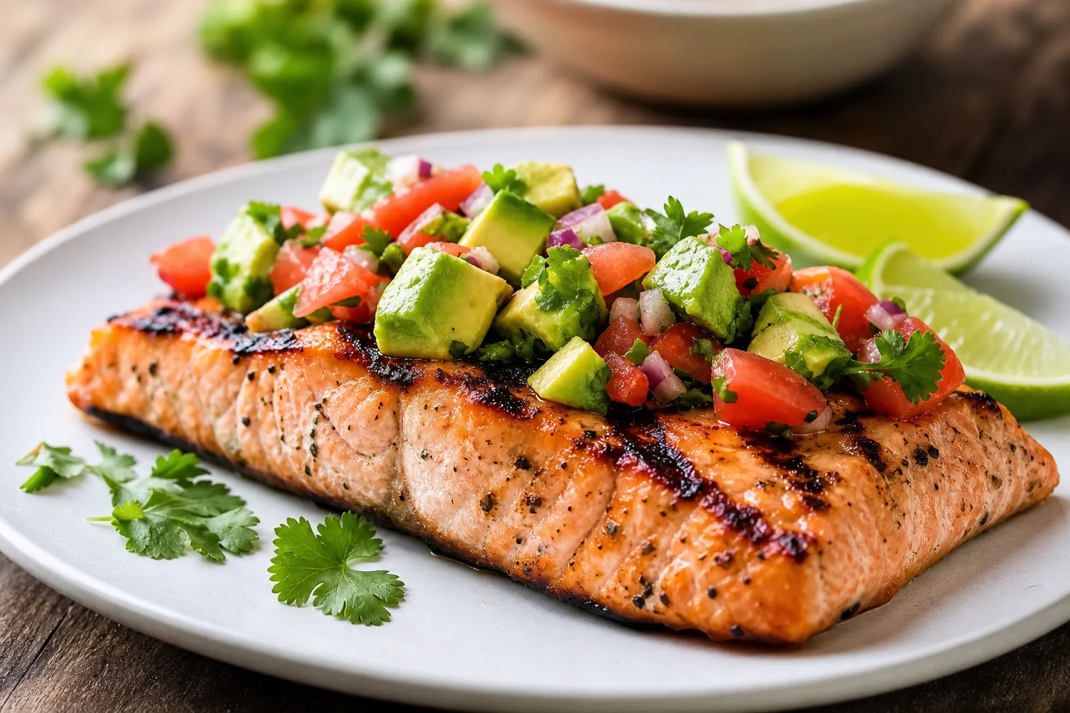 Grilled salmon fillet with charred grill marks topped with fresh avocado salsa on a white plate