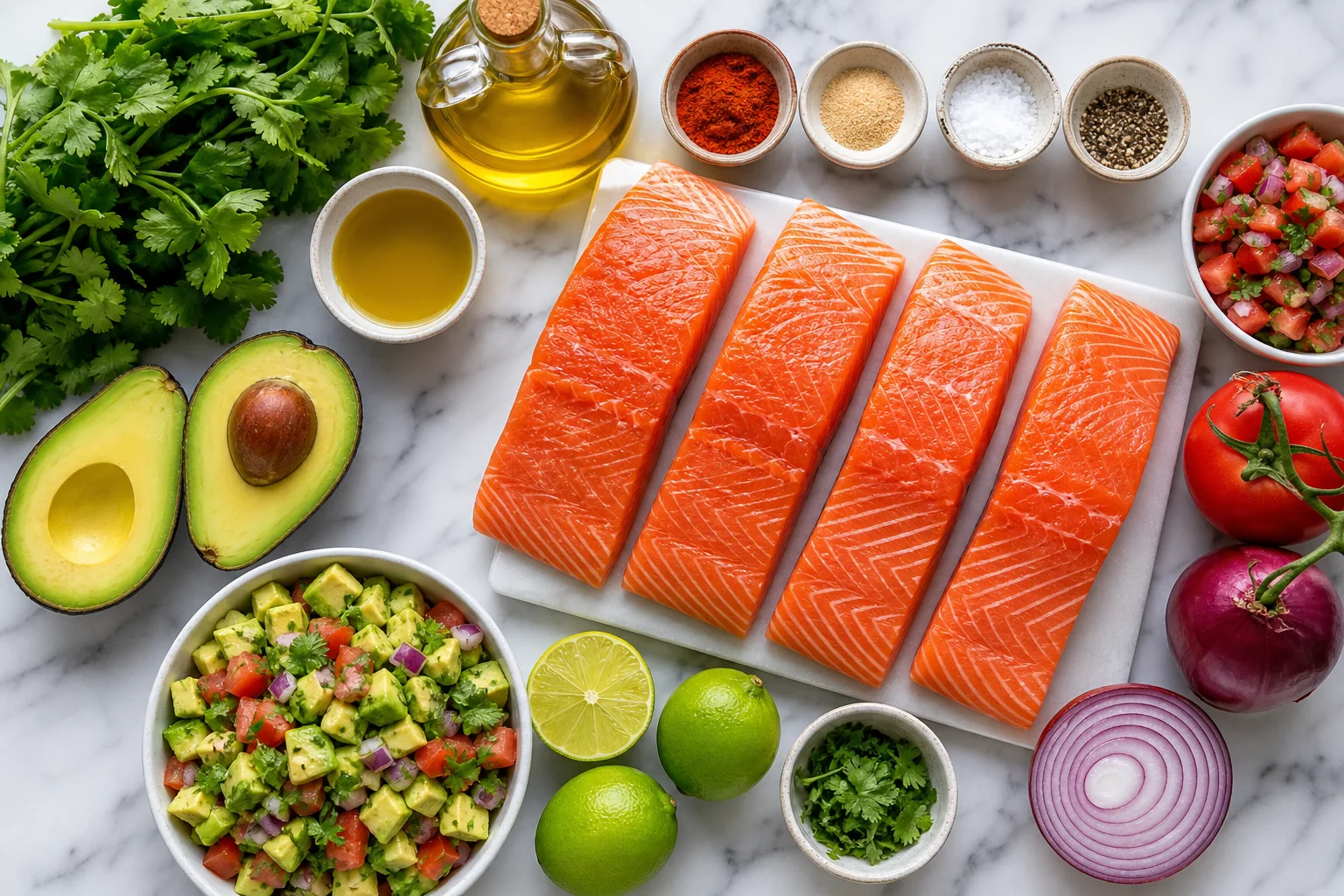 Ingredients for grilled salmon with avocado salsa including salmon fillets avocados tomatoes red onion cilantro limes and spices