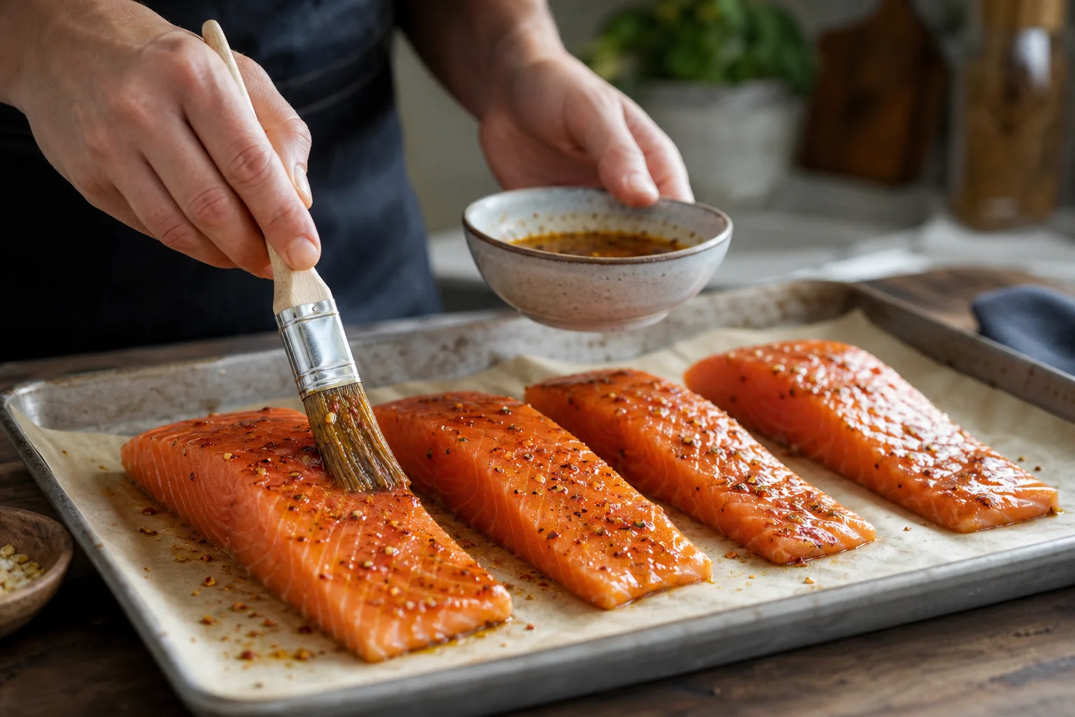 Olive oil and spice marinade being brushed onto raw salmon fillets on a sheet pan
