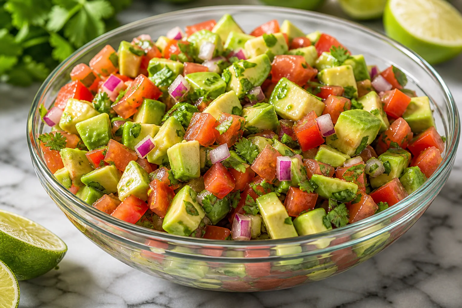 Fresh avocado salsa with diced avocado tomato red onion and cilantro in a glass bowl