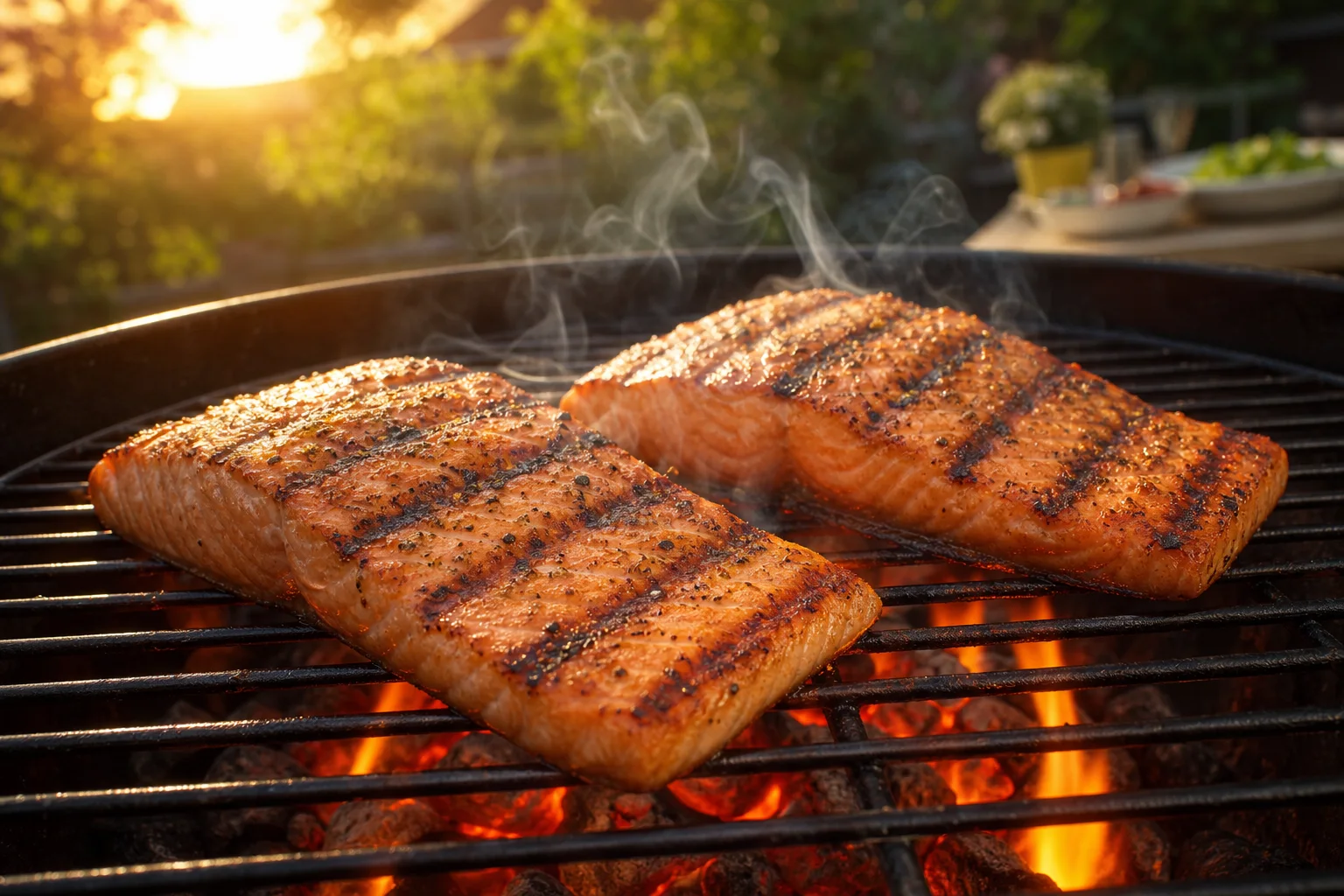 Salmon fillets cooking on a hot outdoor grill with visible char marks
