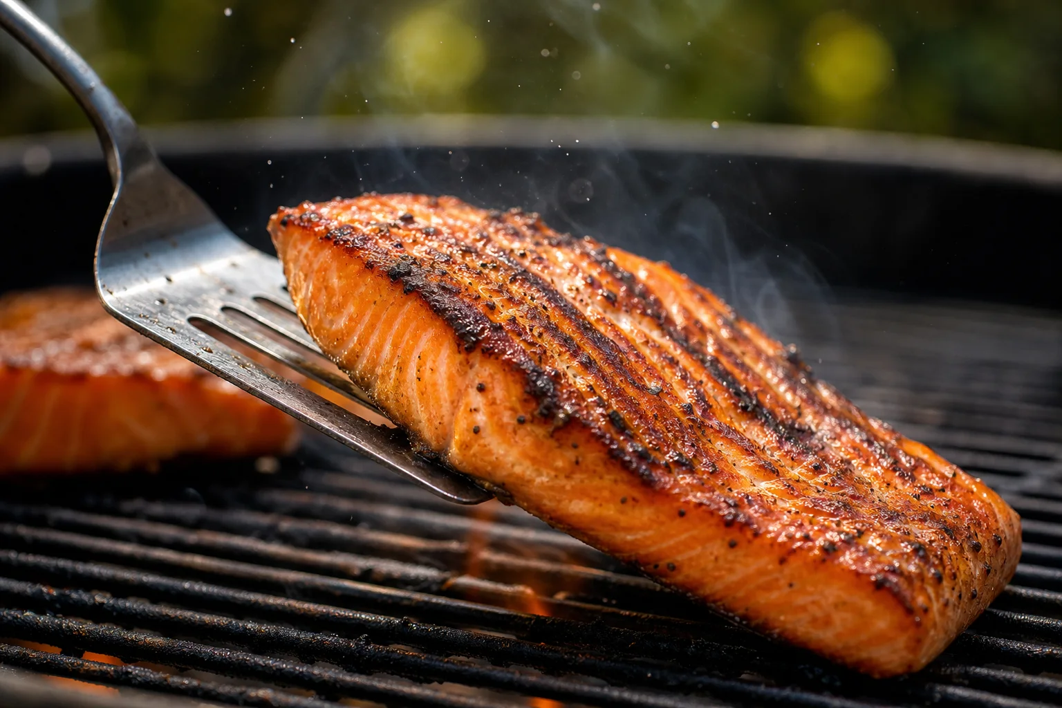 Grilled salmon fillet being flipped on hot grill grates with a metal spatula