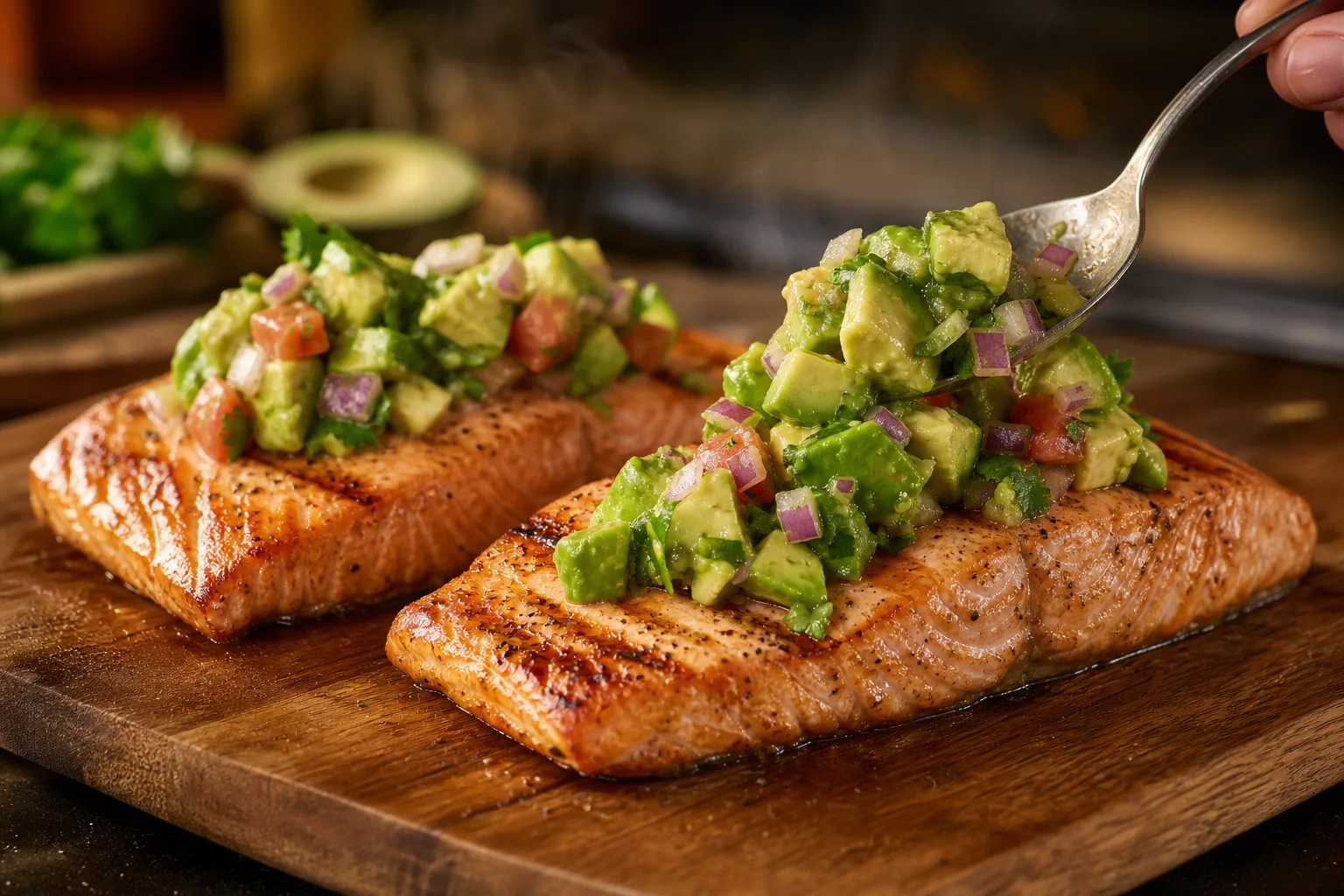 Grilled salmon fillets resting on a board with avocado salsa spooned on top