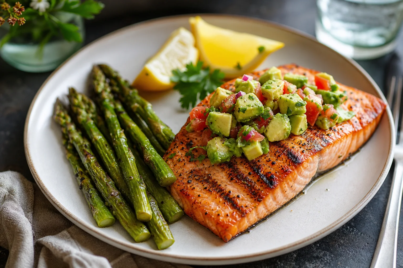 Grilled salmon with avocado salsa served with roasted asparagus and lemon wedges