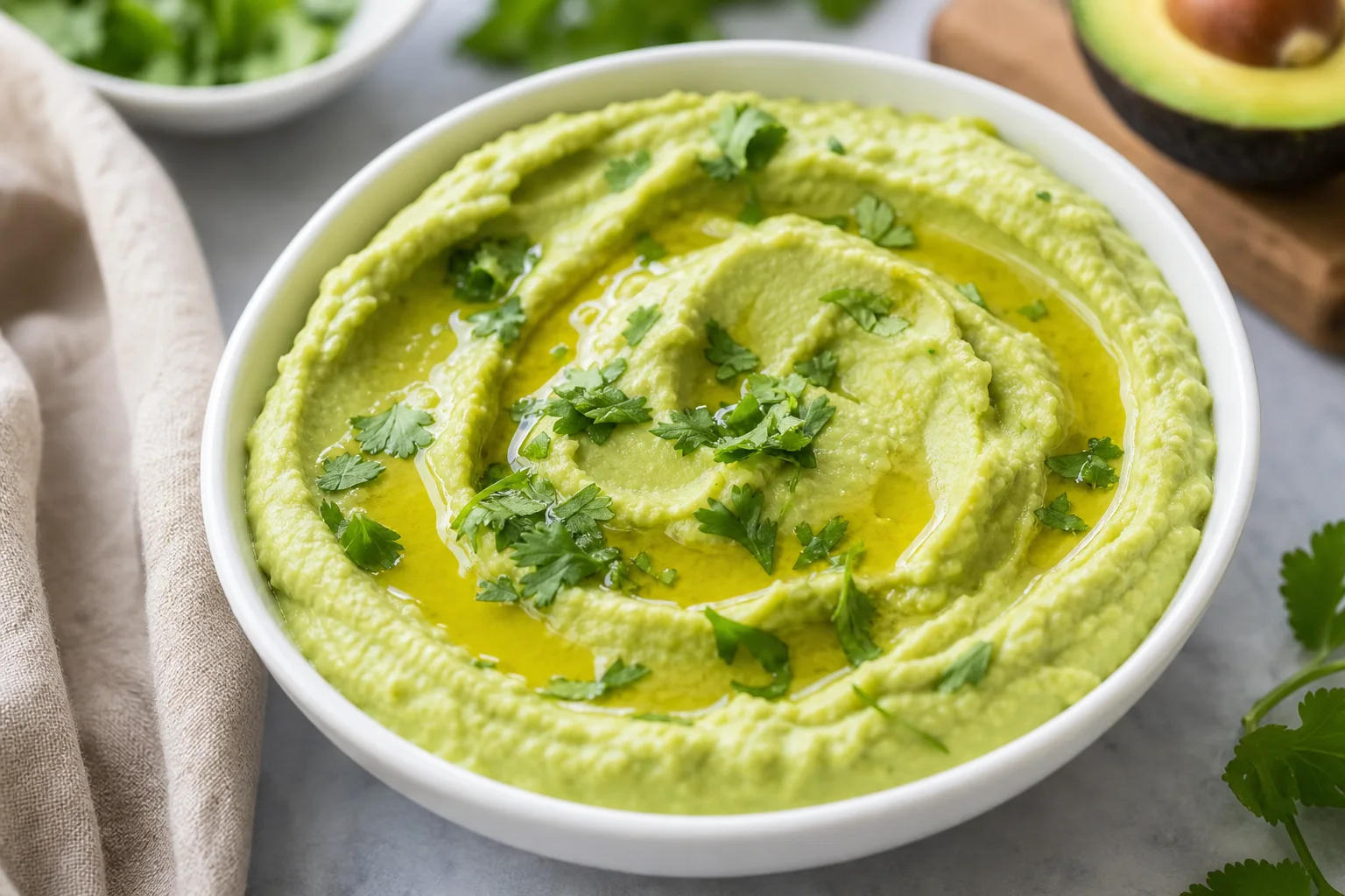 Creamy green avocado hummus in a white bowl drizzled with olive oil and garnished with cilantro