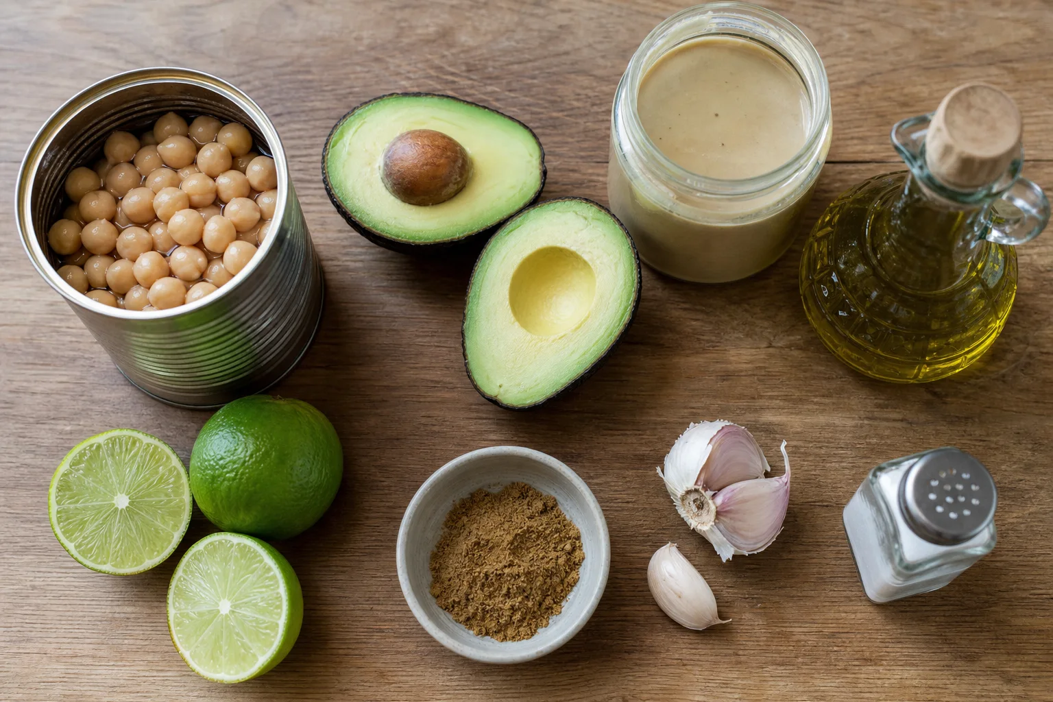Avocado hummus ingredients including chickpeas ripe avocado tahini olive oil lime garlic and cumin on a counter