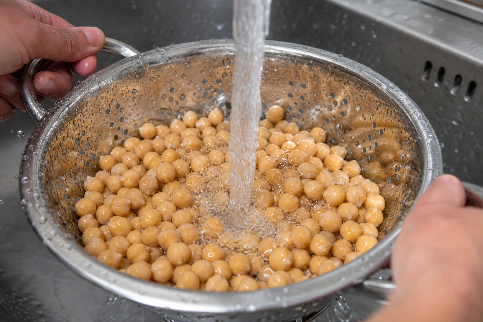 Chickpeas being rinsed in a metal colander under running water