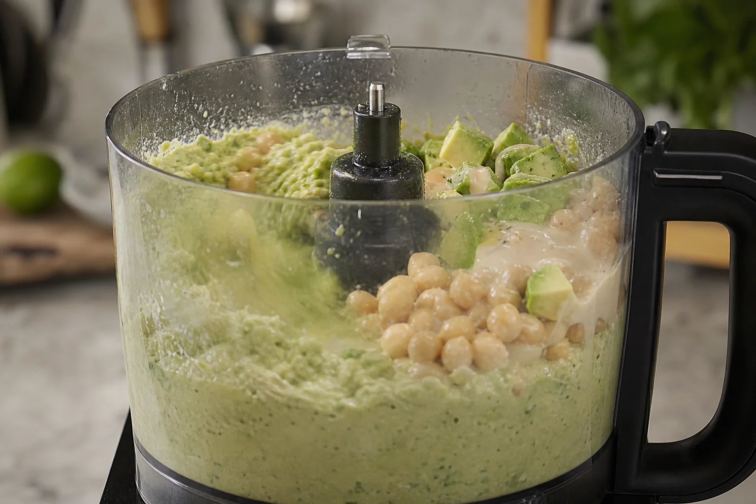 Avocado chickpeas tahini and lime blending in a food processor