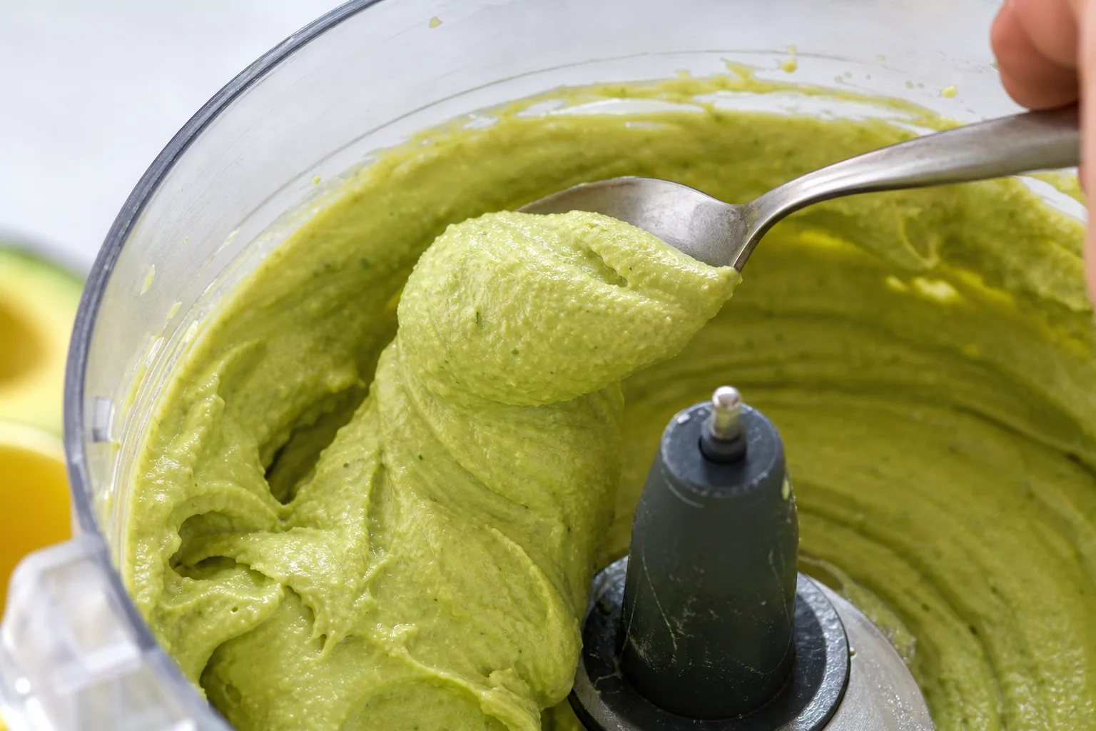 Checking creamy avocado hummus texture with a spoon in a food processor bowl