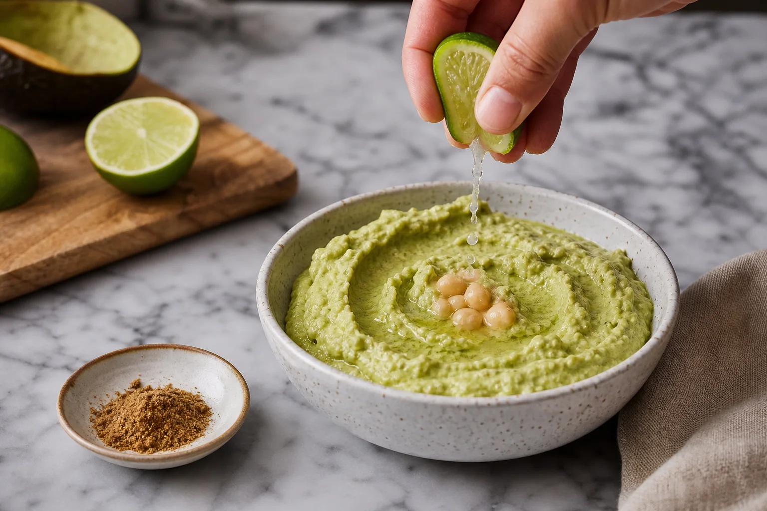 Fresh lime juice and cumin being added to avocado hummus in a bowl