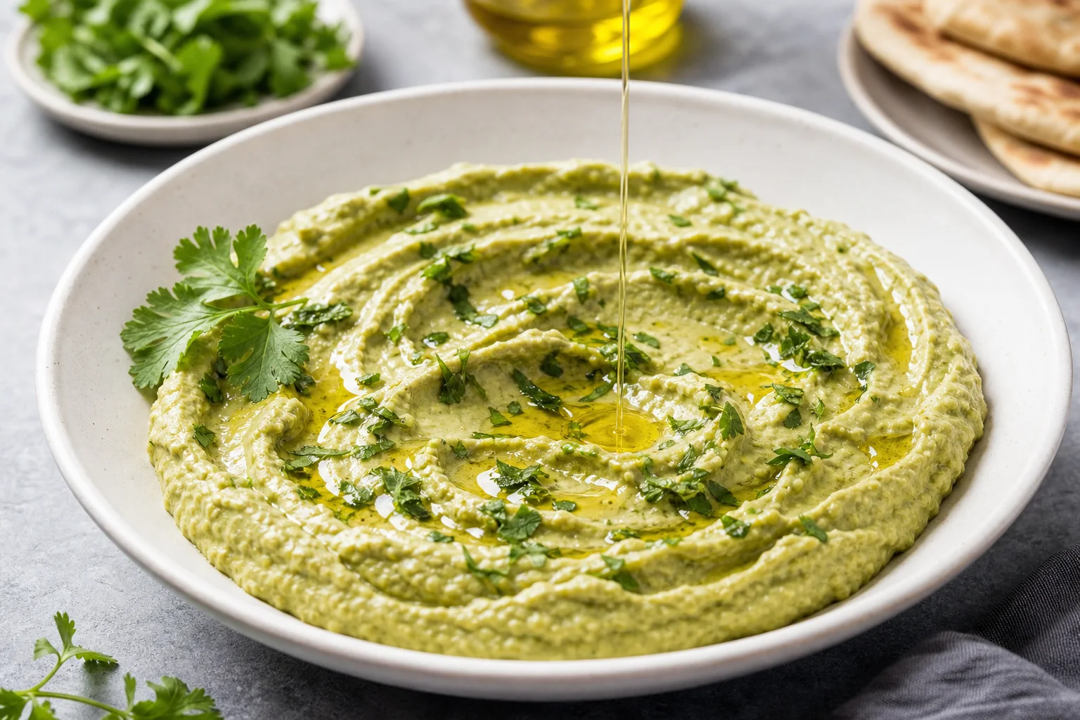 Olive oil and chopped cilantro being drizzled over avocado hummus in a serving bowl