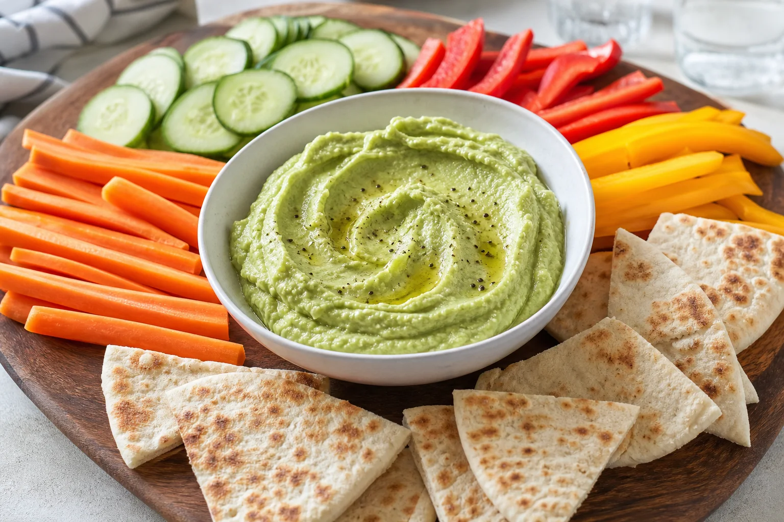 Avocado hummus served with carrot sticks cucumber slices and warm pita bread