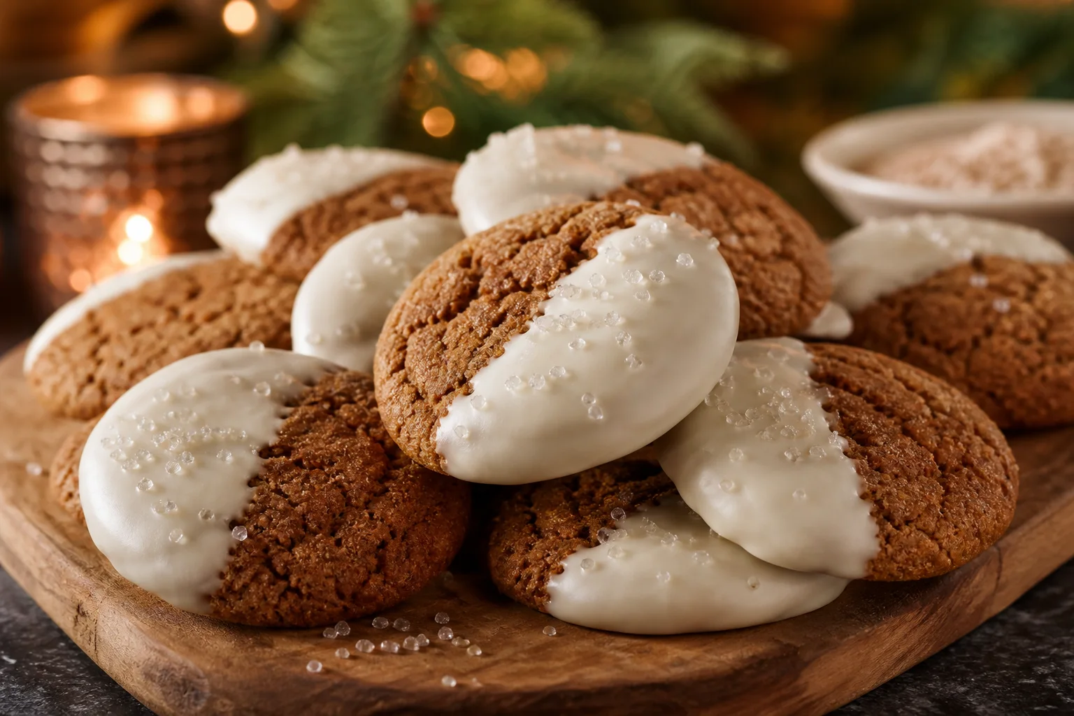 Soft ginger molasses cookies half dipped in white chocolate on a wooden serving board