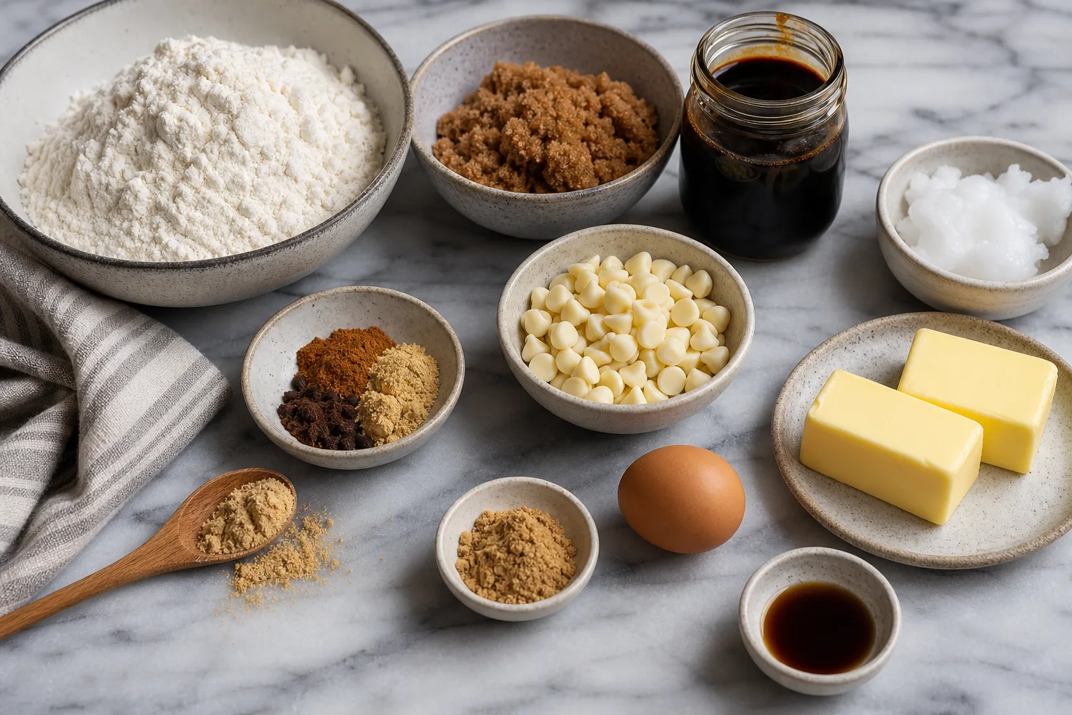 Ingredients for white chocolate dipped ginger cookies including flour brown sugar molasses butter spices and white chocolate chips
