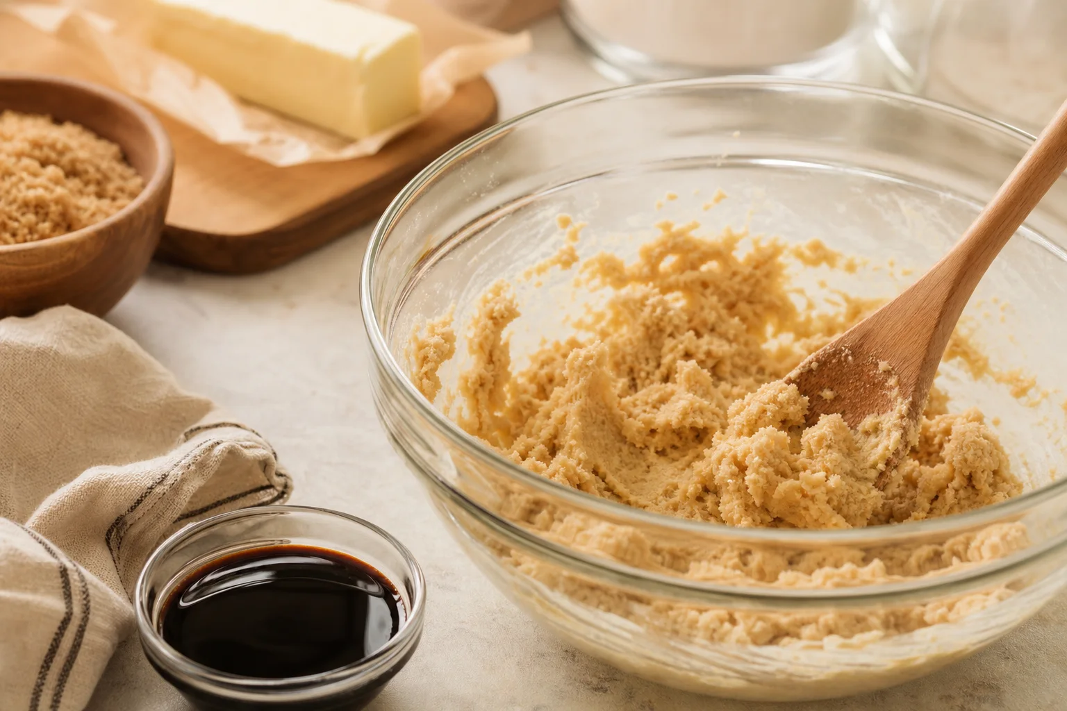 Butter and brown sugar being creamed in a glass mixing bowl for ginger cookie dough