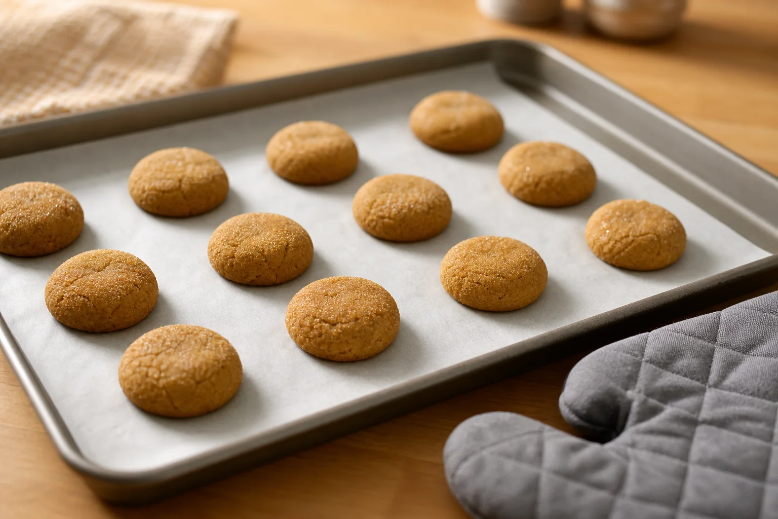 Ginger cookie dough balls arranged on a parchment lined baking sheet ready to bake