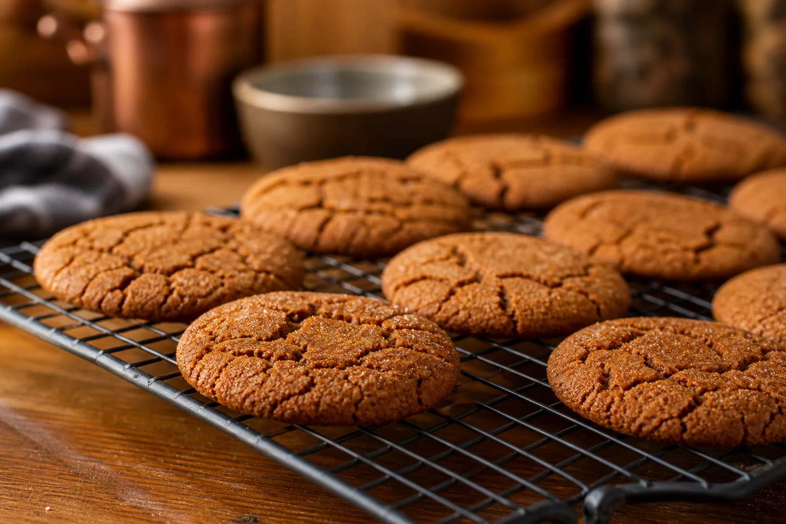 Freshly baked soft ginger molasses cookies cooling on a wire rack