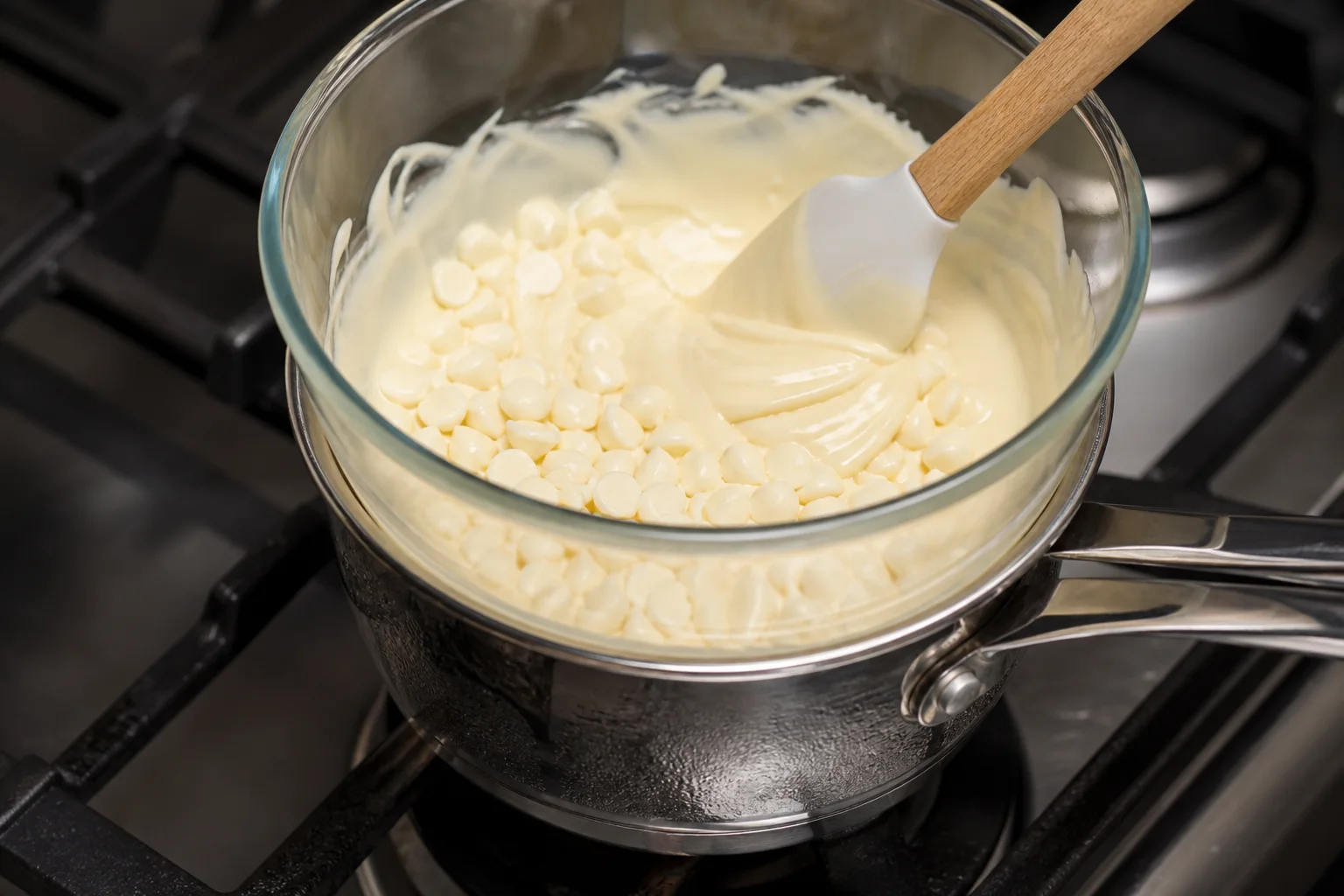 White chocolate chips melting in a glass bowl over a double boiler