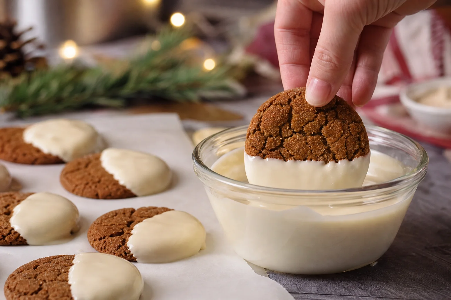 Hand dipping a ginger cookie halfway into melted white chocolate