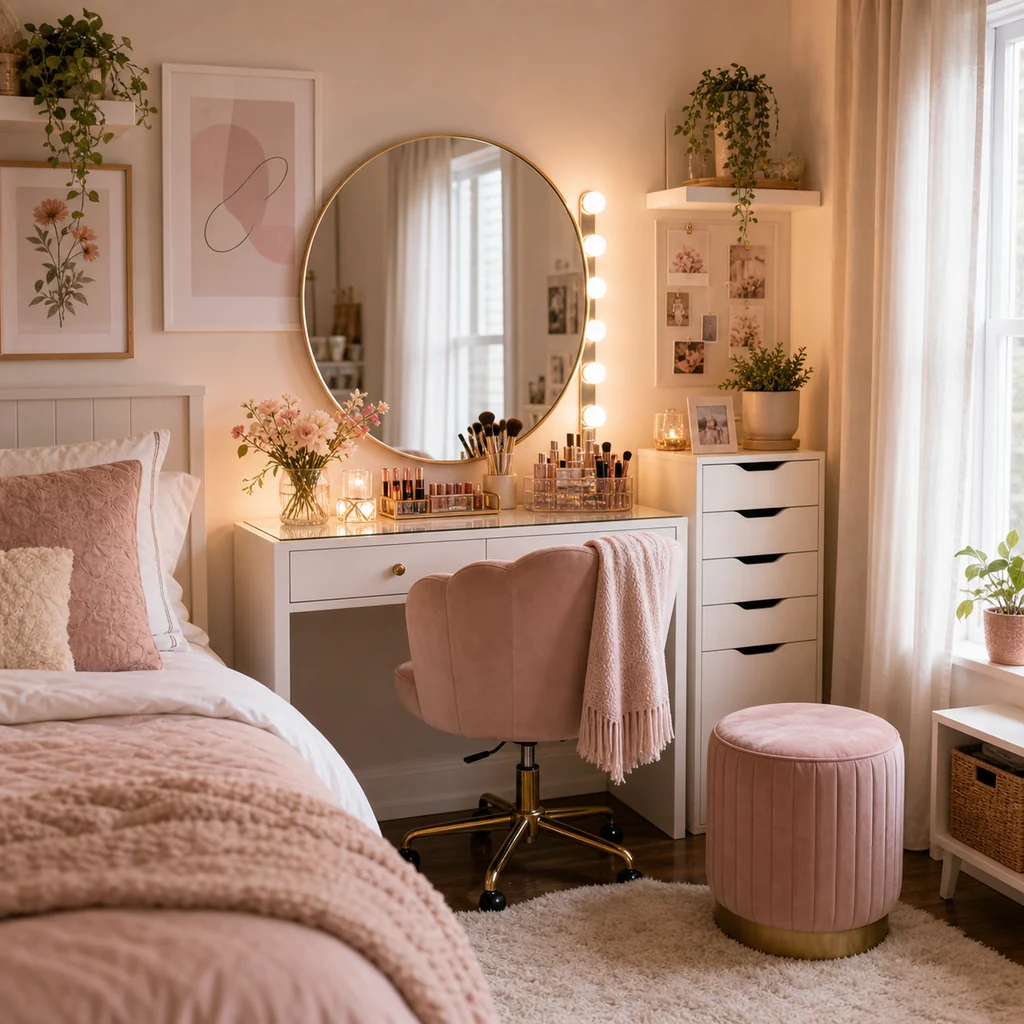 teen girls bedroom vanity corner with round mirror and soft lighting