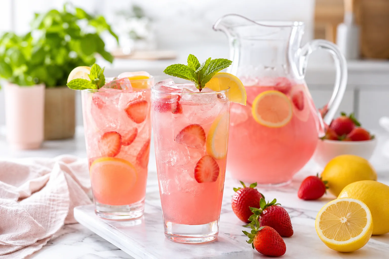 Fresh strawberry lemonade in a glass pitcher and tall glasses with ice mint and lemon slices