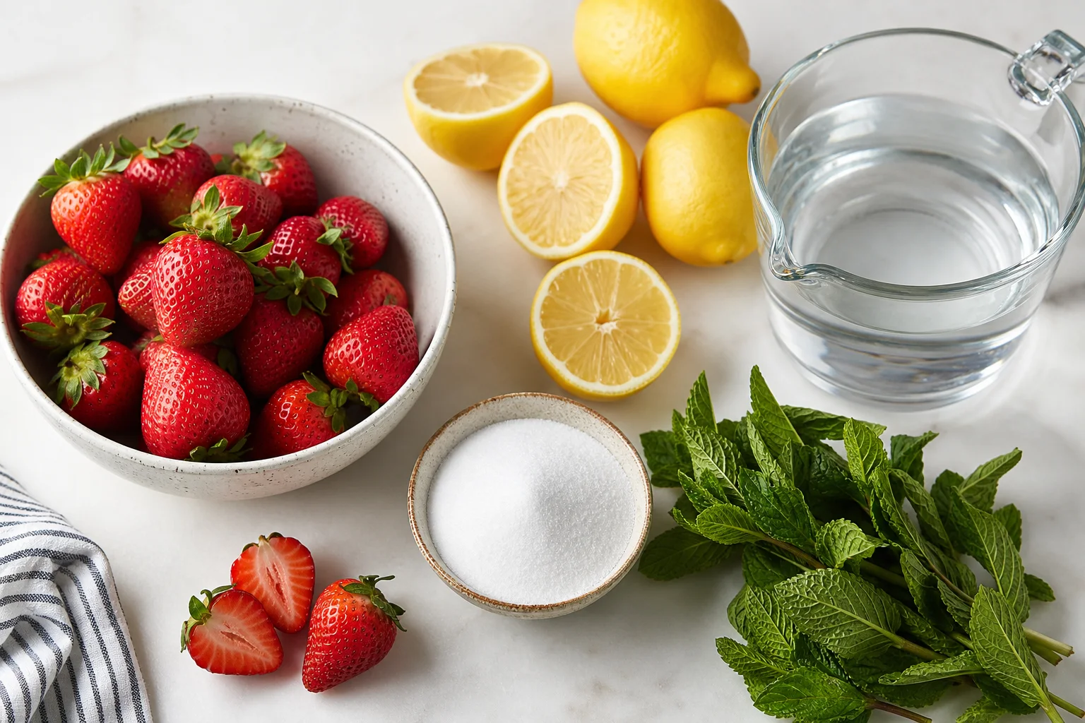 Fresh strawberry lemonade ingredients including ripe strawberries lemons granulated sugar mint and cold water on a kitchen counter