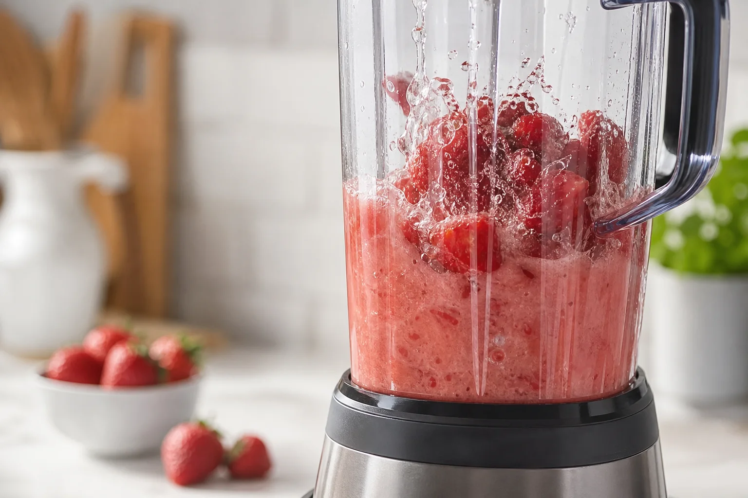 Fresh strawberries blending with water in a countertop blender until smooth pink puree