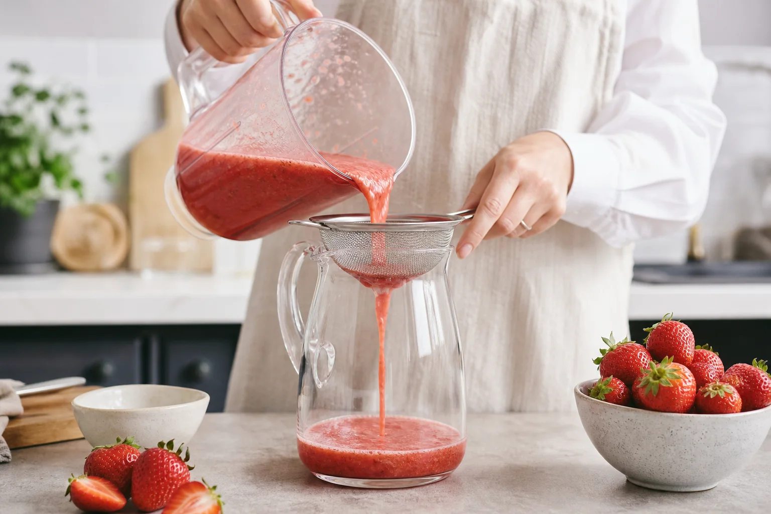 Straining blended strawberry puree through a fine mesh sieve into a glass pitcher