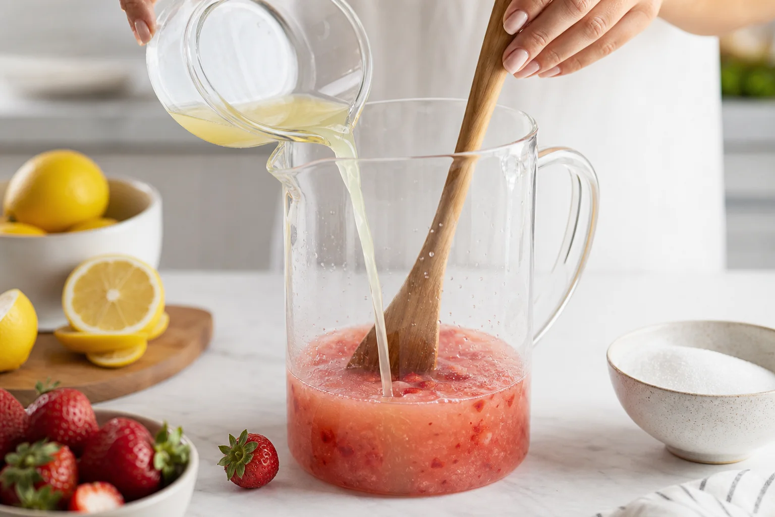 Fresh lemon juice and sugar being stirred into strawberry puree in a glass pitcher