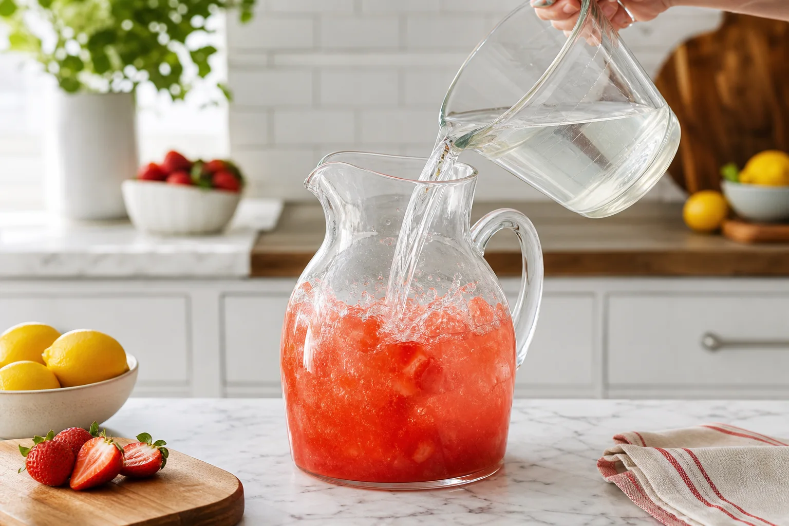 Cold water being poured into strawberry lemonade base in a large glass pitcher