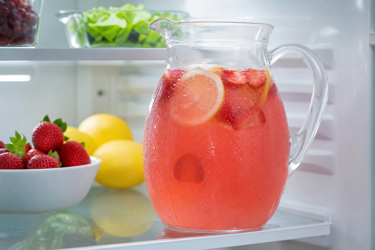 Pitcher of fresh strawberry lemonade chilling on a refrigerator shelf