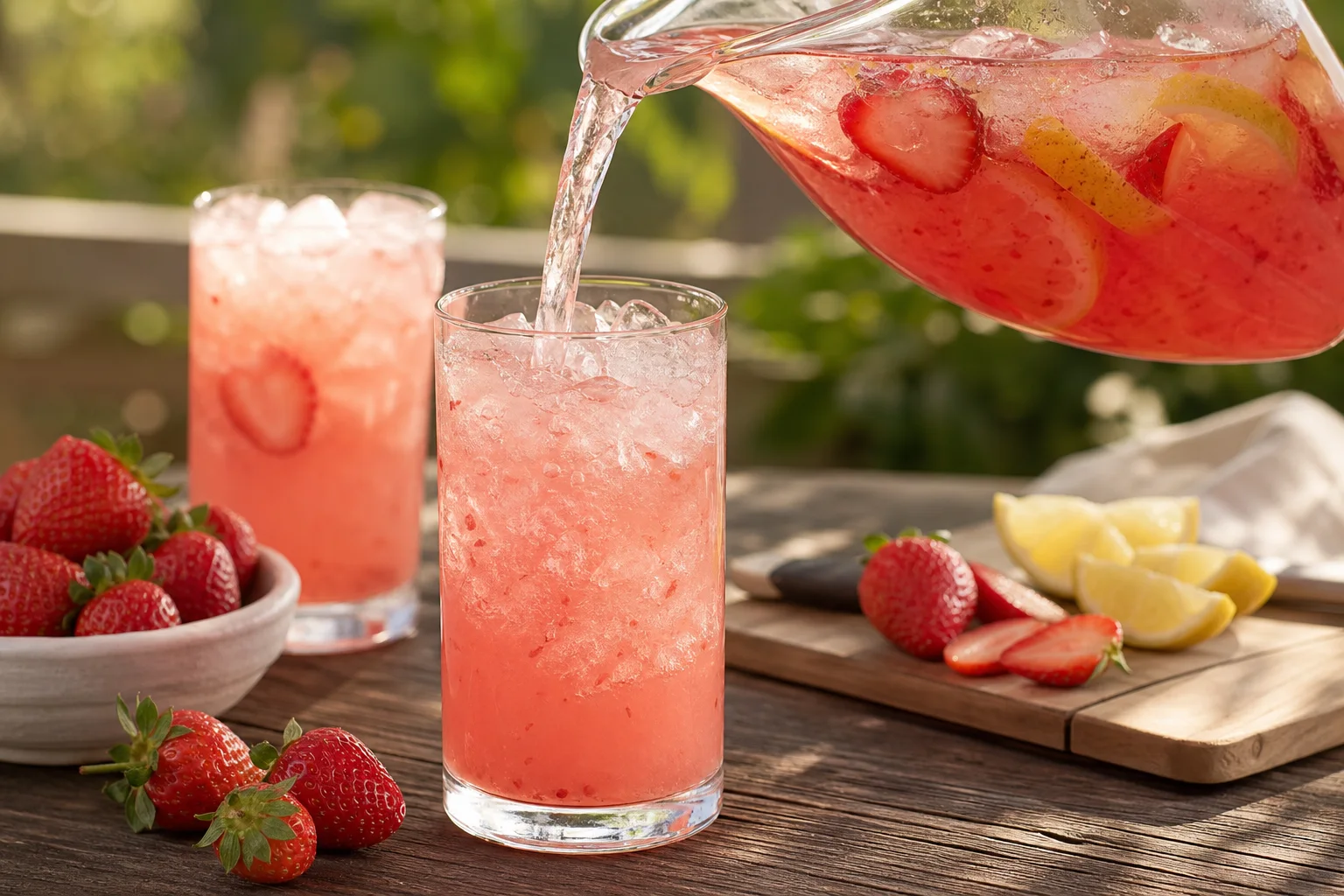 Fresh strawberry lemonade being poured into ice-filled glasses on a summer patio table