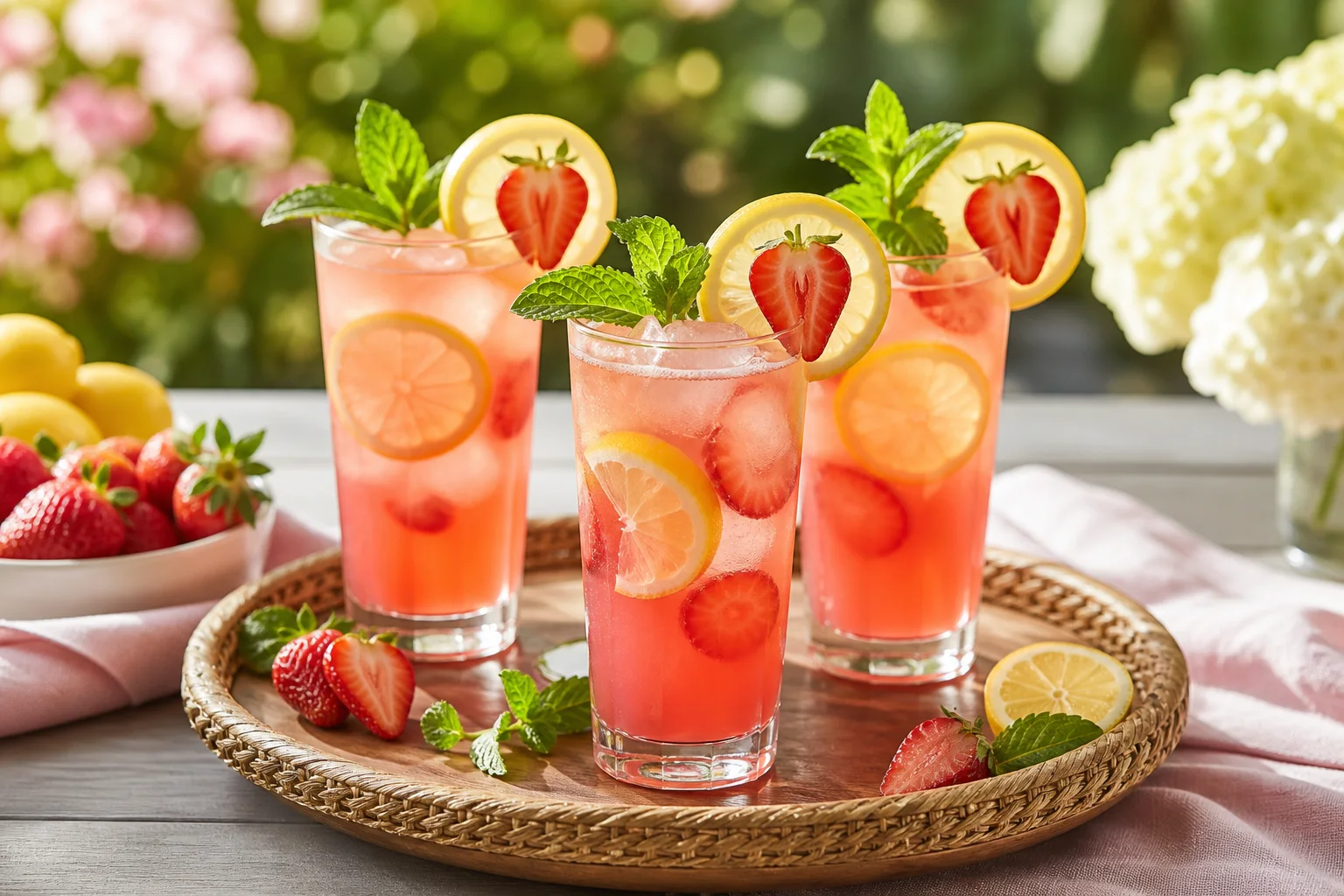 Glasses of strawberry lemonade garnished with mint leaves lemon slices and fresh strawberries