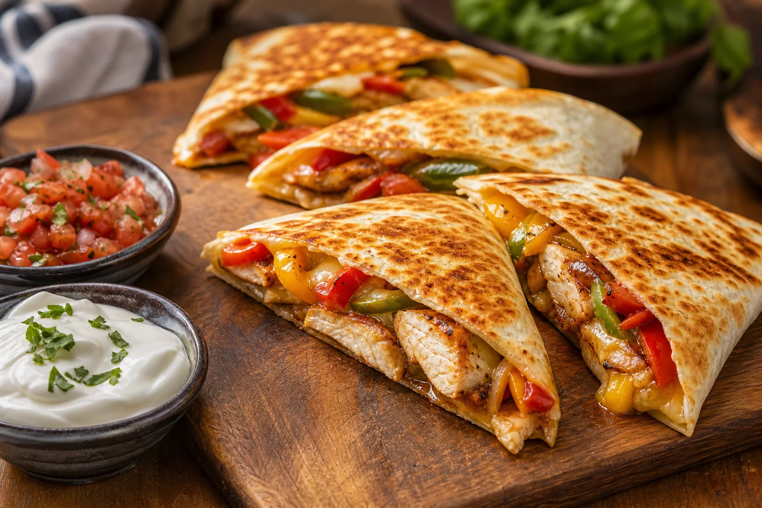 Golden chicken fajita quesadillas cut into wedges with melted cheese and colorful pepper filling