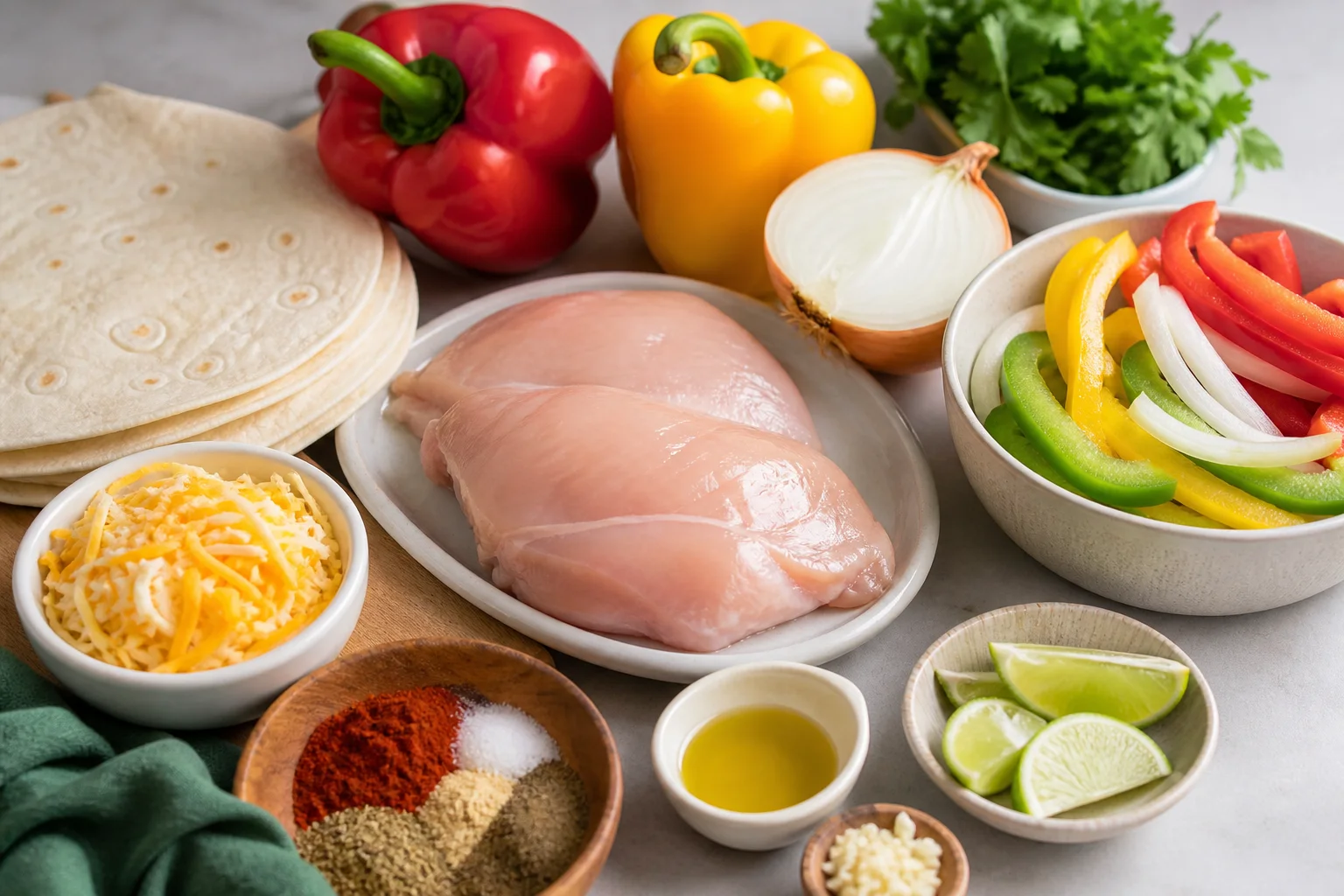 Chicken fajita quesadilla ingredients including chicken breast bell peppers onion tortillas shredded cheese and fajita spices