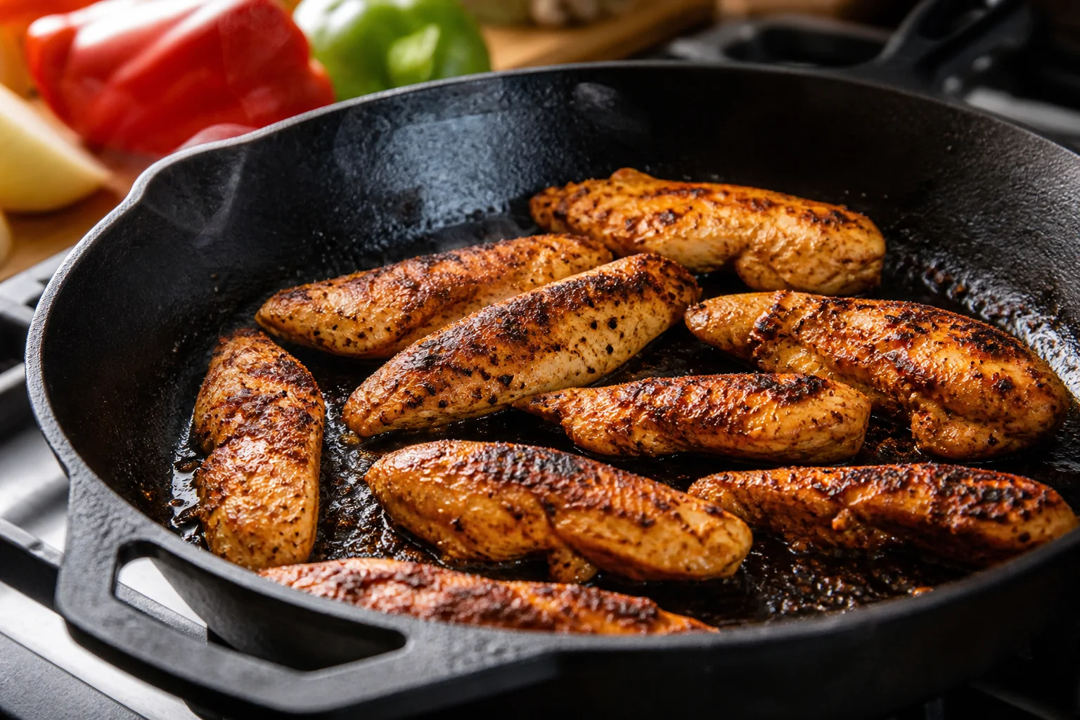 Seasoned chicken breast strips searing golden in a skillet with fajita spices